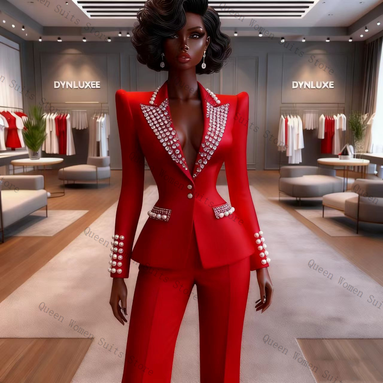 Women'S Formal Wear Pants Suit - Pearls Red Women Suit Pants Set