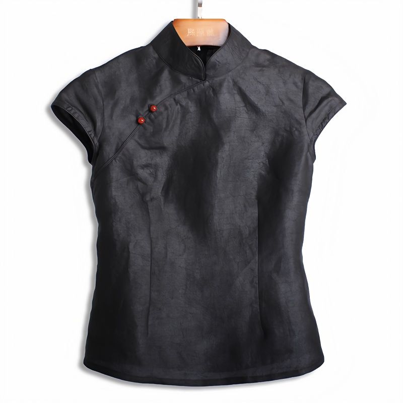 Silk Blouse Button - Black Short Top Qipao Fashion Women