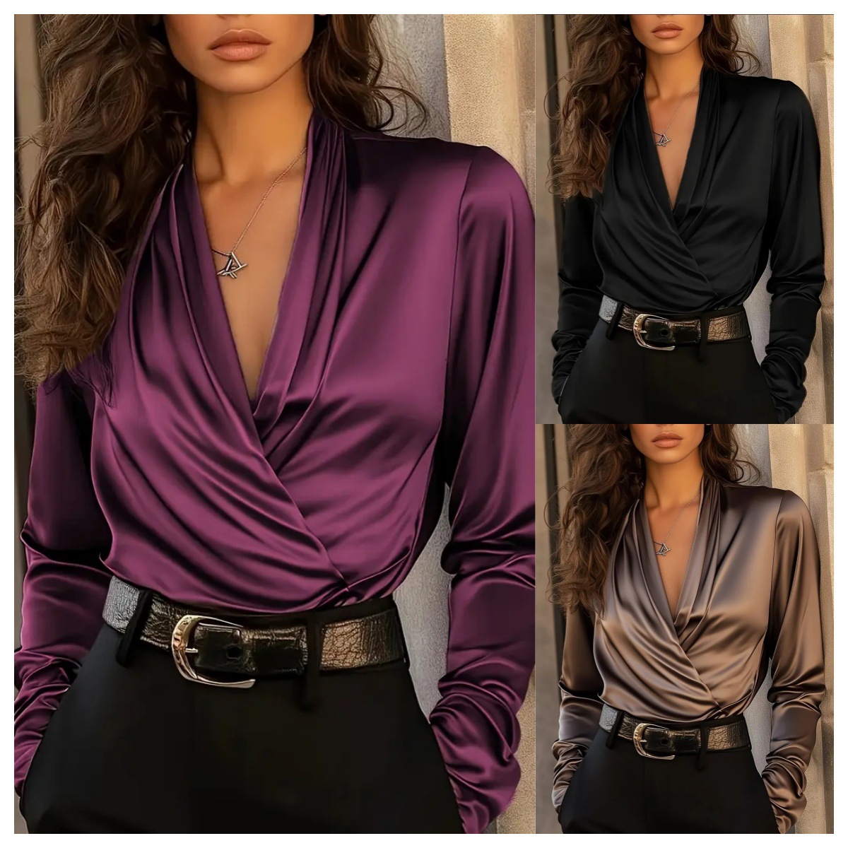 Women's Satin Wrap V Neck Long - Women Formal Office Wear Tops incelemesi ve fiyatı