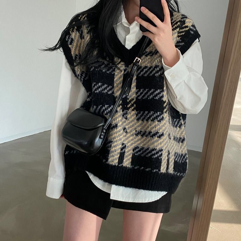 Plaid Lady Sweaters Tops 2025  - Women Formal Wear Korean incelemesi ve fiyatı