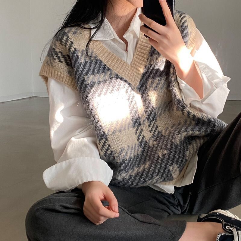 Plaid Lady Sweaters Tops 2025  - Women Formal Wear Korean incelemesi ve fiyatı