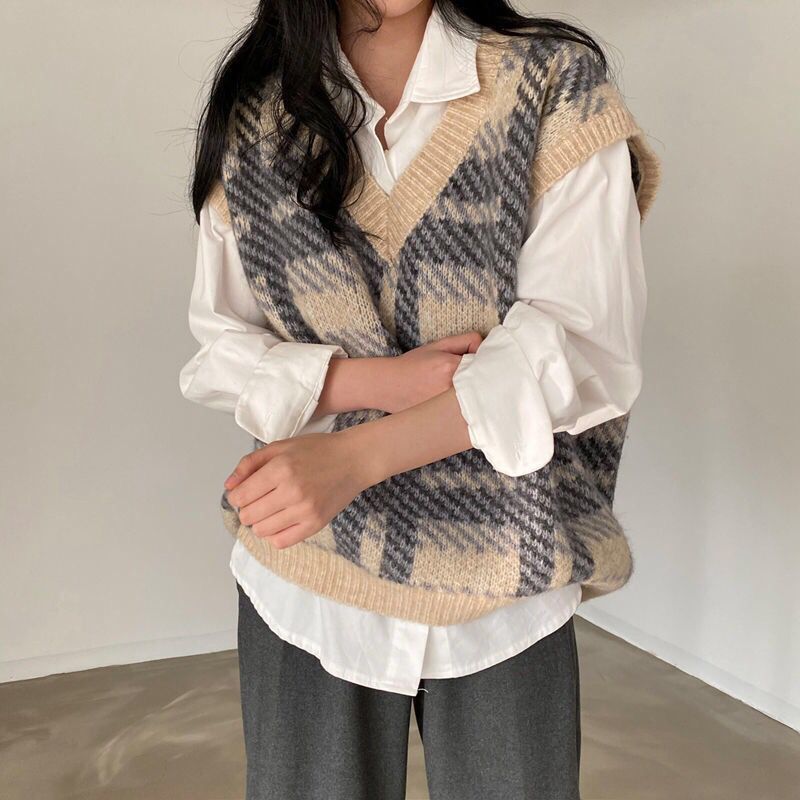 Plaid Lady Sweaters Tops 2025  - Women Formal Wear Korean incelemesi ve fiyatı
