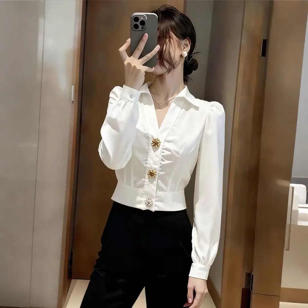 Elegant White Shirt V Neck Blo - Women Formal Office Wear Tops incelemesi ve fiyatı