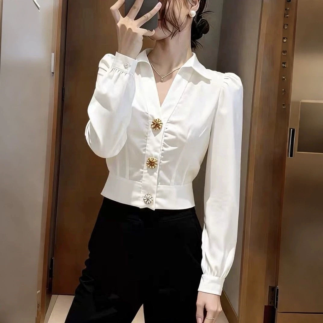 Elegant White Shirt V Neck Blo - Women Formal Office Wear Tops incelemesi ve fiyatı