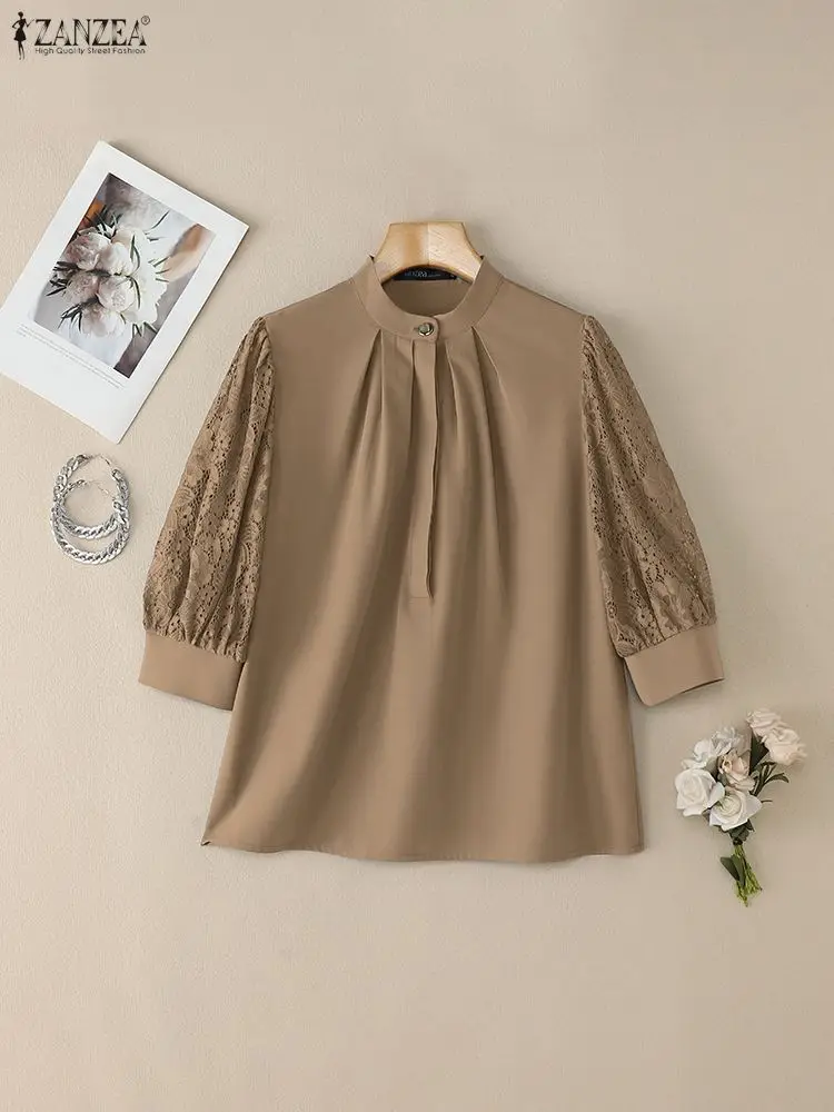 2025 ZANZEA Summer Lace Patchw - Silk Blouse Button incelemesi ve fiyatı