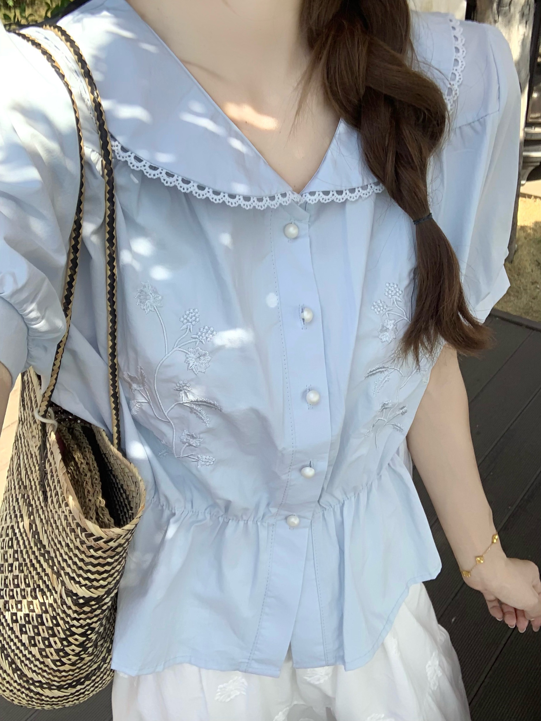Blue Embroidered Lace Patchwor - Silk Blouse Button incelemesi ve fiyatı