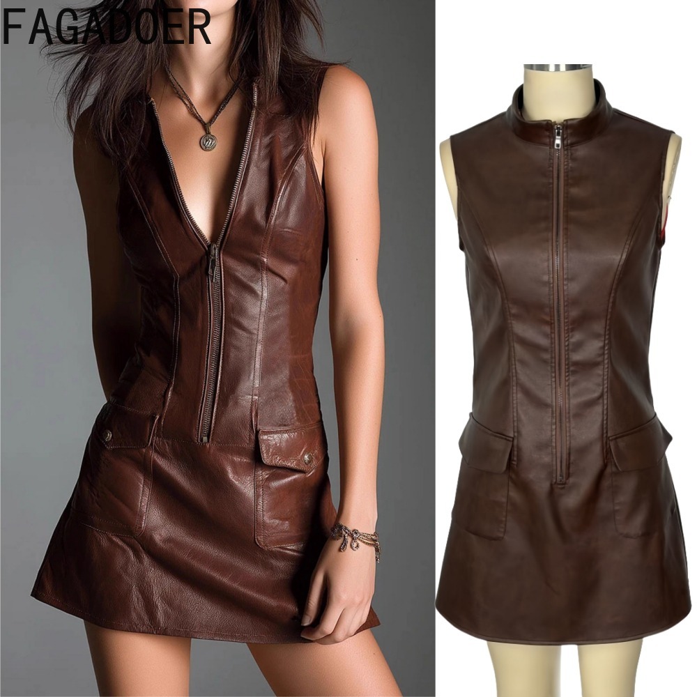 FAGADOER Fashion Leather Zippe - Shift Dress Sleeveless incelemesi ve fiyatı